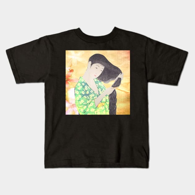 Beautiful Oriental Lady Brushing Her Hair Kids T-Shirt by Taluula